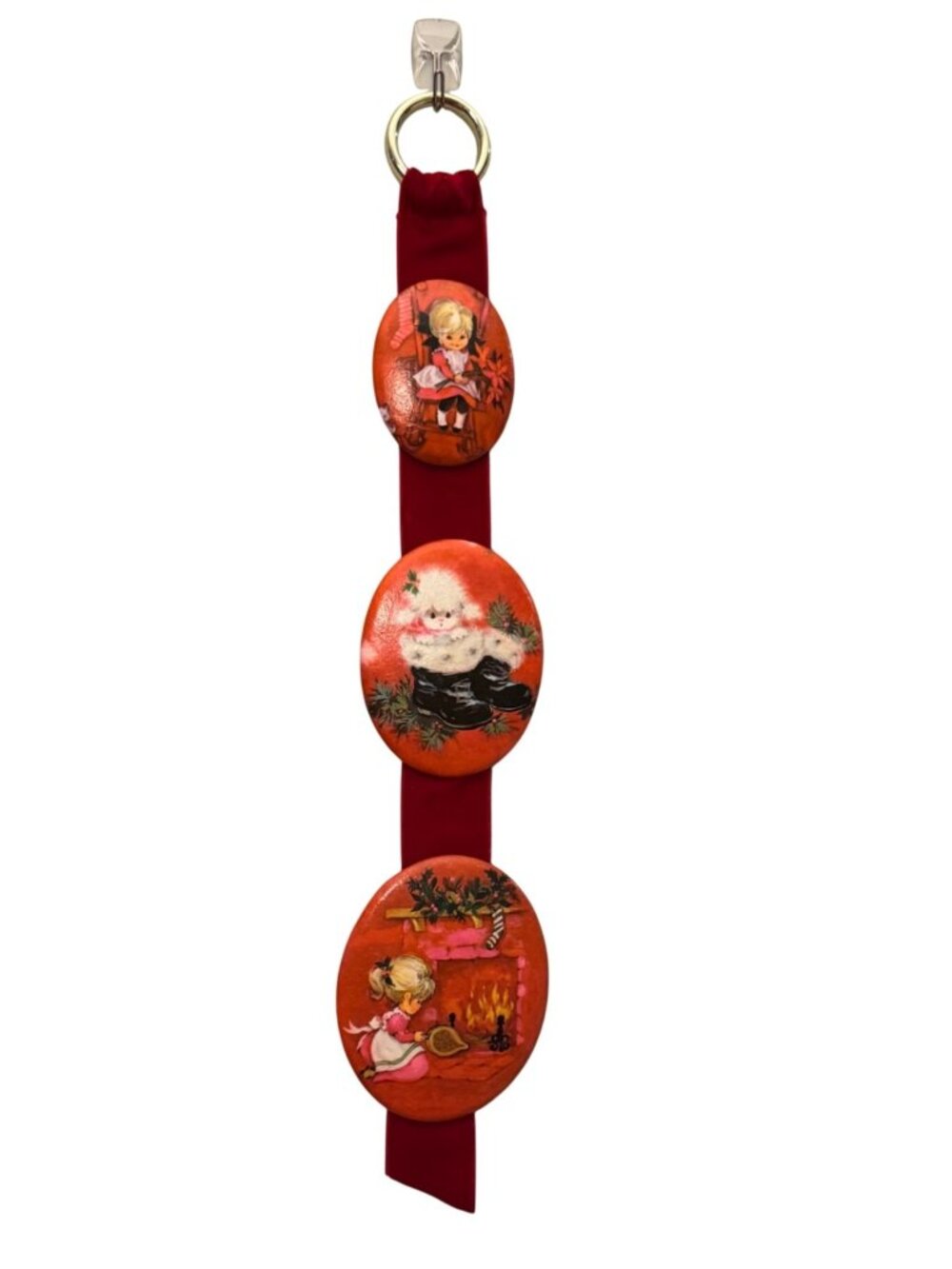 VTG Christmas Wall Hanging w/ Velvet Ribbon & Festive Illustrations 18 Inches